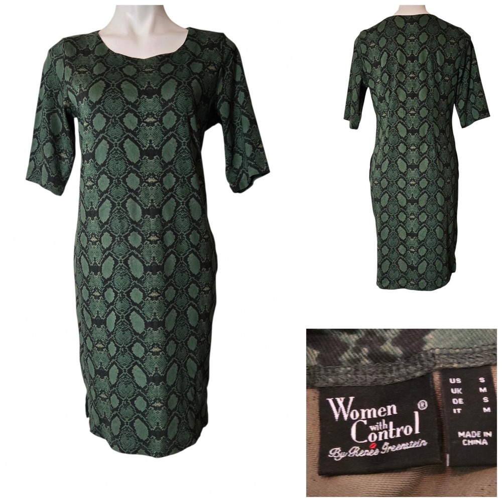 Women with Control Green Snakeskin Print Sheath Dress Small Elbow Sleeve Knee